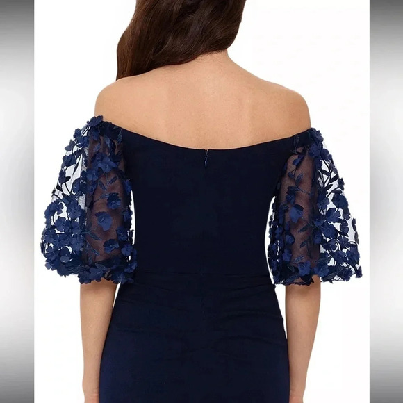 Xscape - Off-The-Shoulder Floral-Sleeve Gown - Navy Blue - Size 4P - EUC!! - Picture 6 of 16